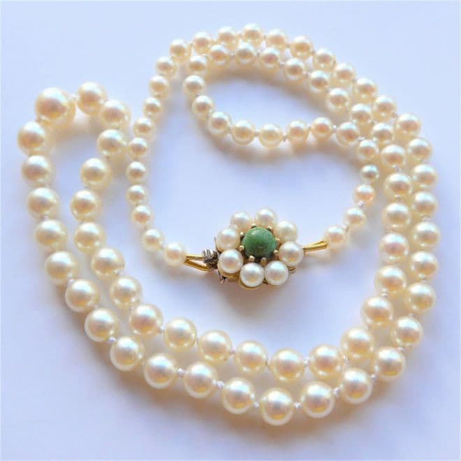 Edwardian Saltwater Pearls 9ct Gold Pearl & Green Turquoise Clasp 18